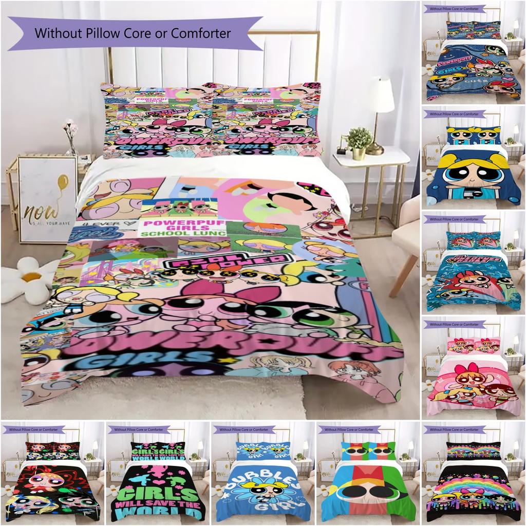1PC The Powerpuff Girls Bedding Quilt Set Quilt Cover Pillowcase Home Decoration Birthday Gift (1 * duvet cover + 2 * pillowcase, without core)A11