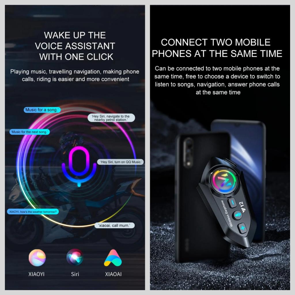 Y12 500M Two Rider Wireless Bluetooth 5.4 Motorcycle Helmet Headphone IPX6 Waterproof 800mAh Noise Canceling RGB Color FM Radio Headset