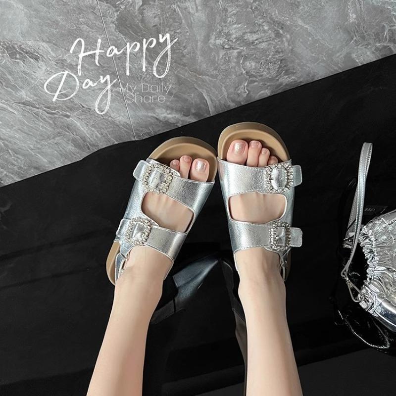 Recommended by the Lady Boss! New Leather Platform Sandals Women's Round Head Muffin Shoes Square Buckle with Beach Shoes