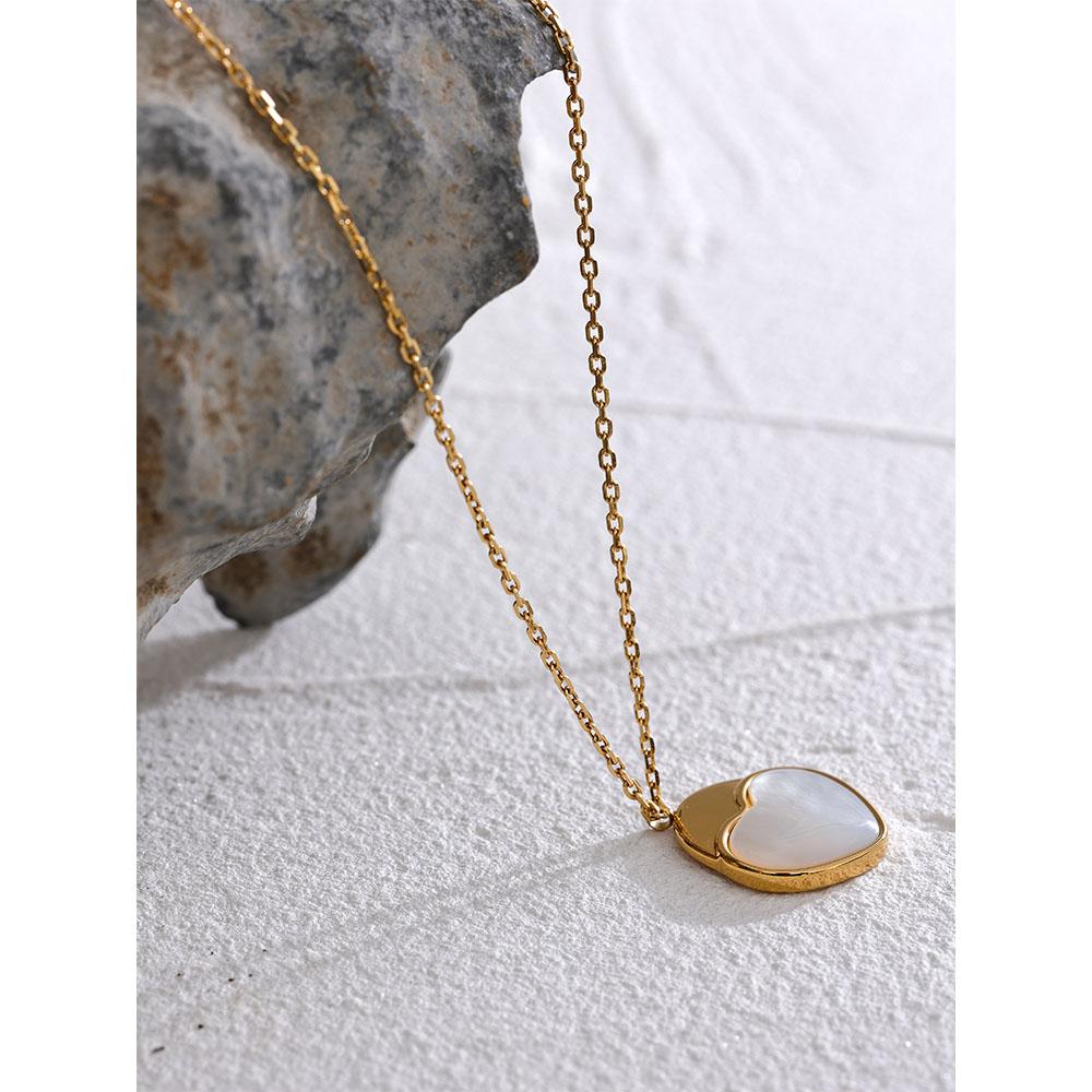 Yhpup Stainless Steel Natural Shell Heart Pendant Romantic Necklace Gift Fashion Collar Neck Jewelry for Women Bijoux Femme