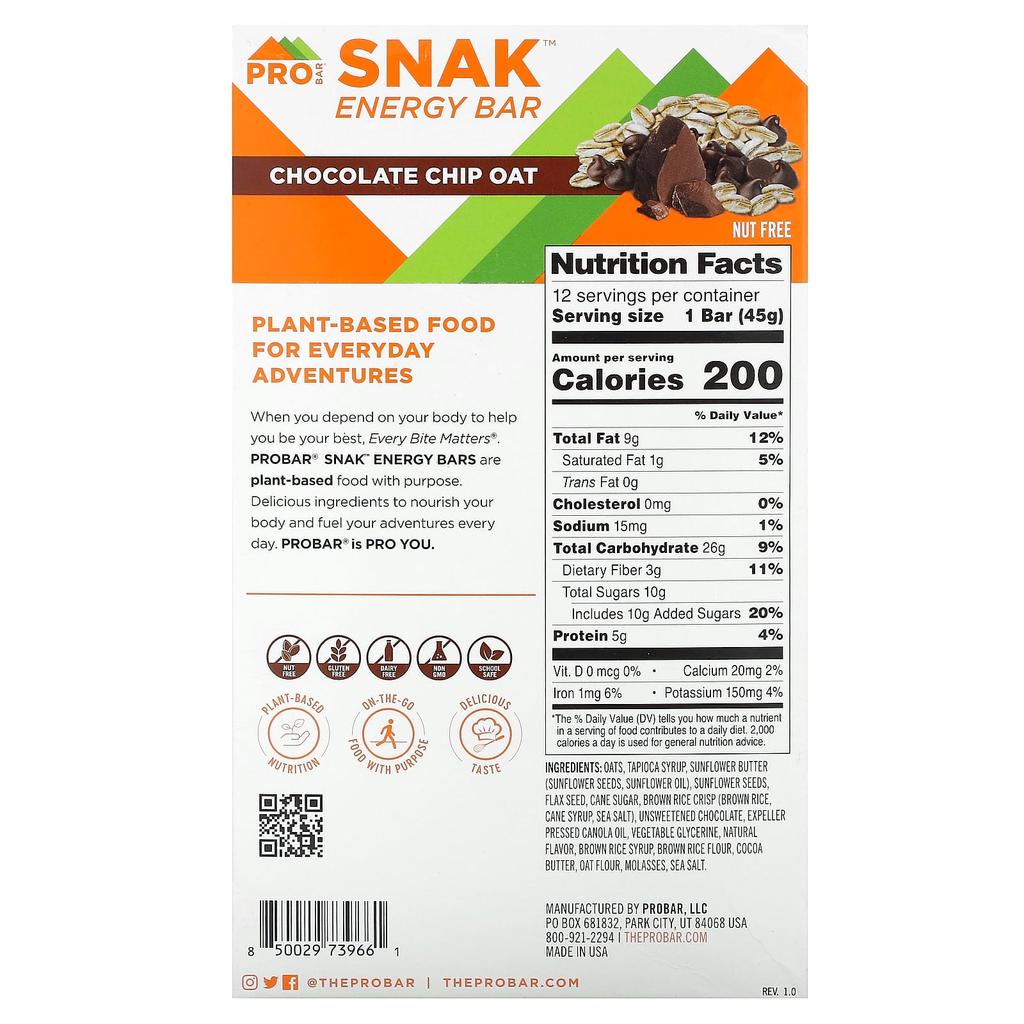 ProBar Snak Энергетический батончик, Овсяный с шоколадной крошкой, 12 батончиков, 1,6 унции (45 г) Каждый
