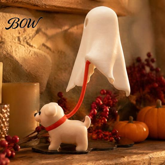 Cute Puppy Night Light Halloween Ghost Walking Dog Figurine, Spooky Statue with Whimsical Room Accessories LED Candle, 3D Printed Tabletop Ornament