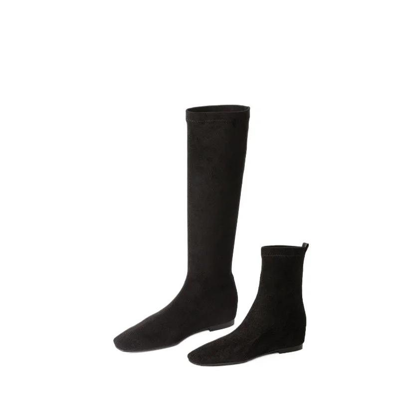 2024 Новые женские туфли, высокие женские сапоги, лаконичные современные сапоги, женские сшитые туфли с квадратным носком на танкетке, туфли до середины голени для женщин