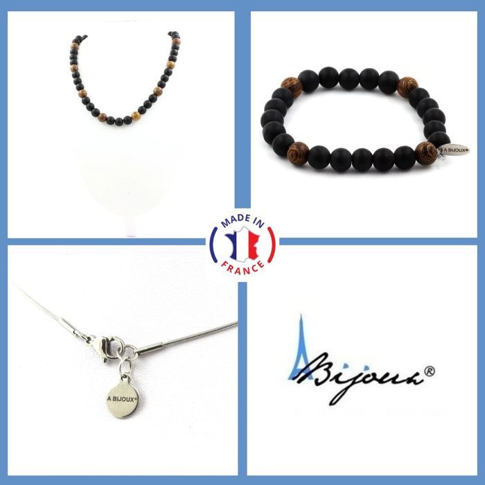 Stones and Minerals. Jewelry Set Bracelet Necklace Pearls Matte Black Onyx + Wood 8 Mm. Customizable Size.