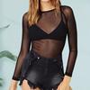 Women Club Top See-through Ultrathin Mesh Long Sleeve Solid Color Soft Breathable Round Neck Pullover Elastic Slim Fit Punk Beach Top