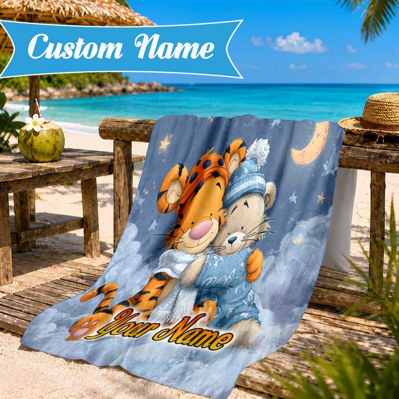 Custom Name Nightly Tiger Hugs Pooh Beach Towel Microfiber Beach Towel, Lightweight and Quick-Dry, for Summer Travel, Swimming Pool Gift