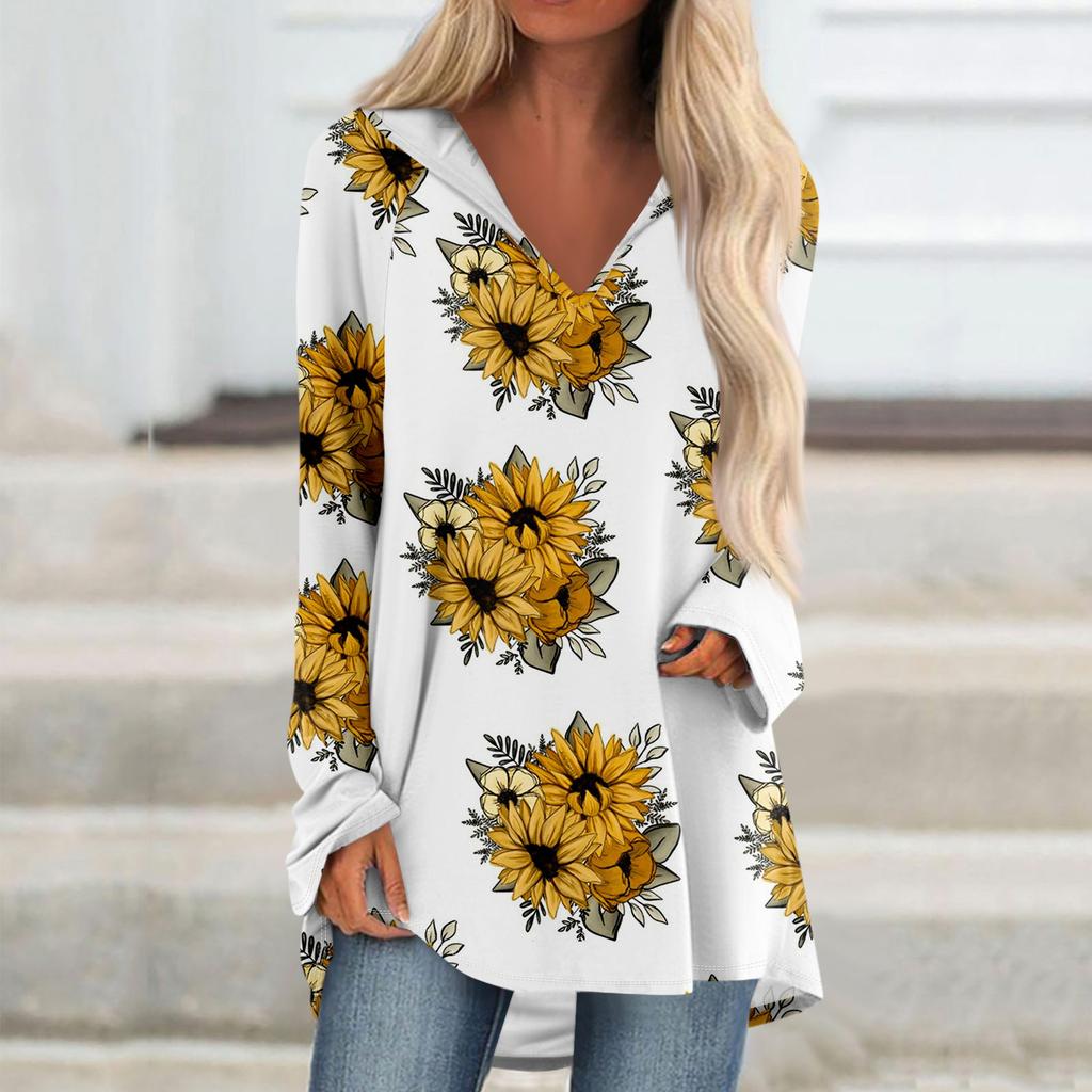 Women's V-neck Hooded Loose Long-sleeved Tops Casual Tops Home Leisure Pajamas Tops