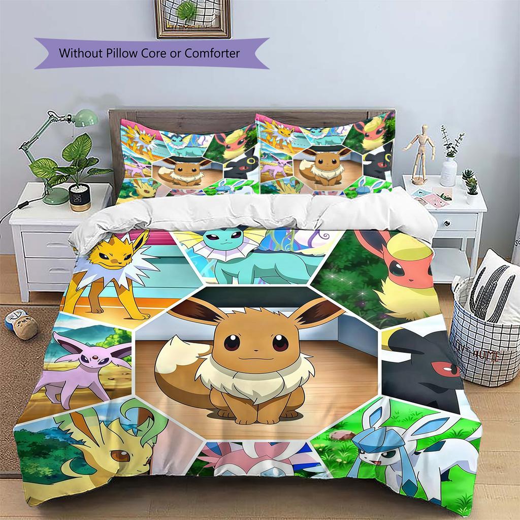 Eevee Pattern Bedding Quilt Set Home Decoration Gift (1 * duvet cover + 2 * pillowcase without core)