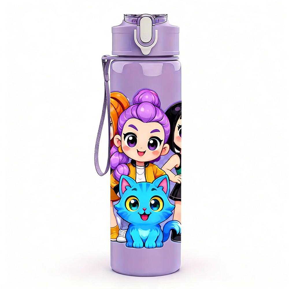1PC Bright Color Girl Squad Cartoon Print 750ml Color Plastic Sports Water Bottle Leakproof Flip Straw Lid Suitable for Sports Office Home Use