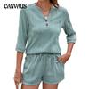 Женский новый весенне-летний однотонный свободный костюм с V-образным вырезом и рукавами средней длины, с шортами и карманами