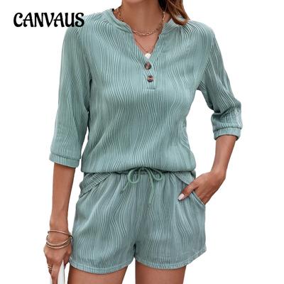 Женский новый весенне-летний однотонный свободный костюм с V-образным вырезом и рукавами средней длины, с шортами и карманами