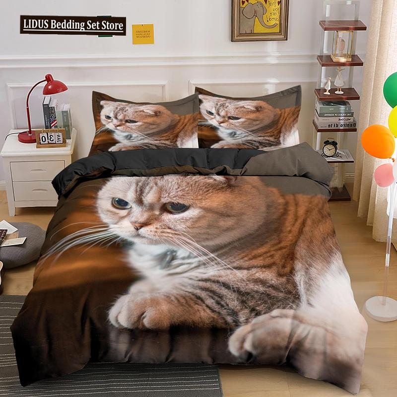 3D Комплект пододеяльника с кошкой, размер Твин, Квин, Кинг, Милый животный, Роскошный полиэстеровый постельный комплект для детей, девочек, взрослых, Подарок с наволочкой