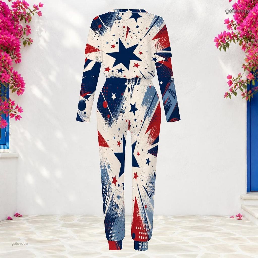 Women Plus Size Round Neck Long Sleeve Navy Printed Two Piece Set Cuffed Top Cuffed Pants With Pockets