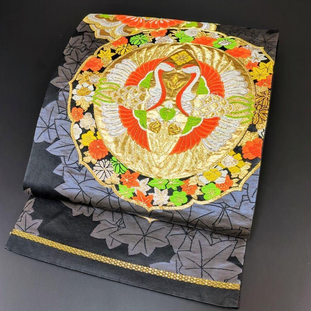 Used H-336 Fukuro obi, pure silk, six pieces, gold thread, silver thread, opposite bird, maple, flower pattern black