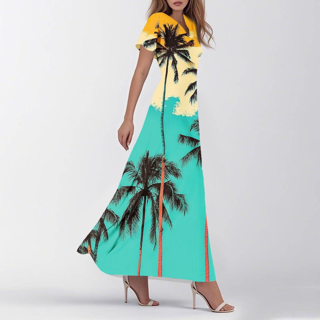 Women's Summer Casual Fashion Retro Floral Dress V Neck Short Sleeve Dress