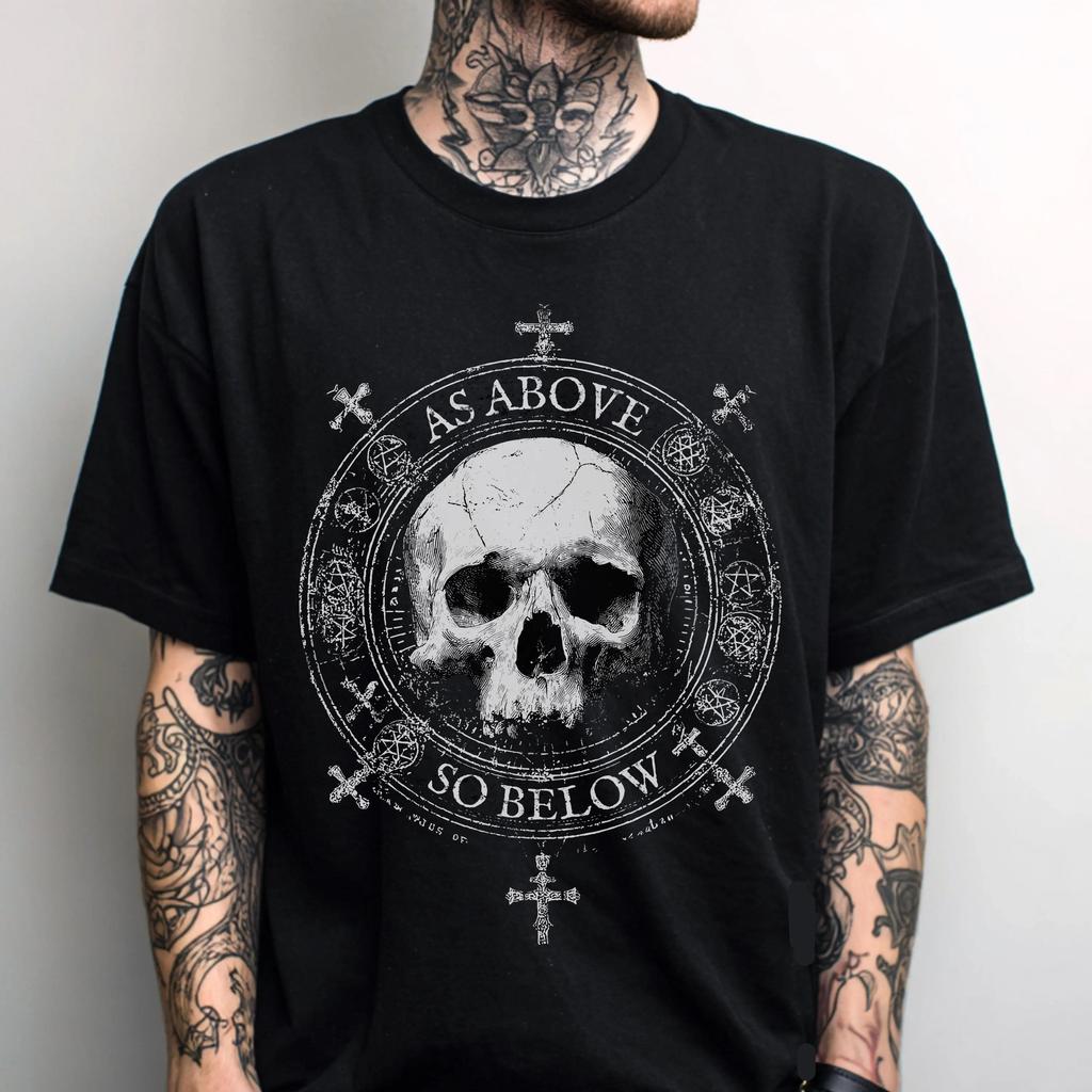 Hermeticism Skull Tee As Above So Below Print Alchemical Symbols Crosses Occult Dark Fantasy Unisex Top