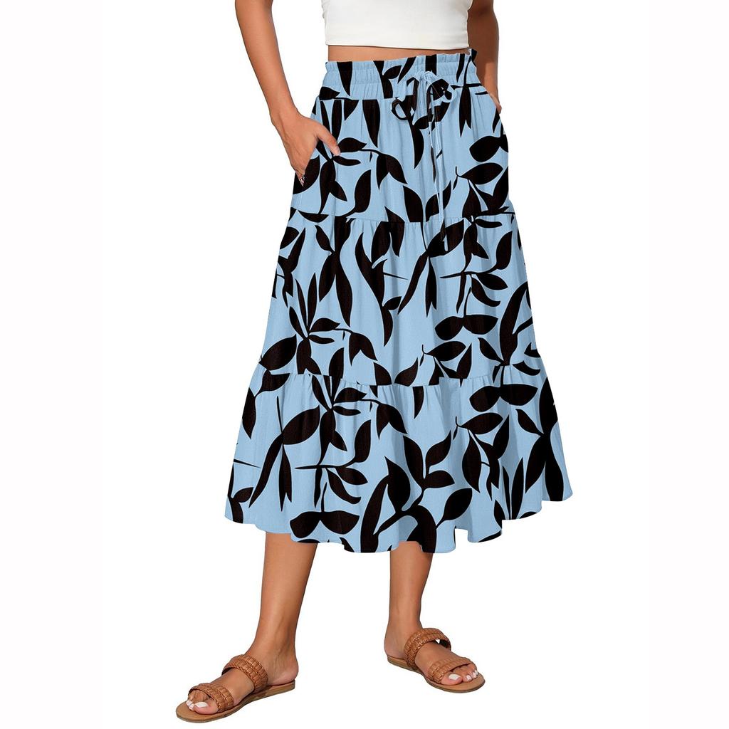 Women's Flowy Flared Ruffle Hem A Line Maxi Skirts Elastic Waist Elegant Tiered Layer Boho Long Skirts