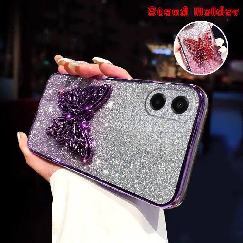 For Samsung Galaxy A07 / A07S / A08 / A18 Case with Cute Butterfly Stand Luxury Slim Gradient Clear Plating Glitter Girls