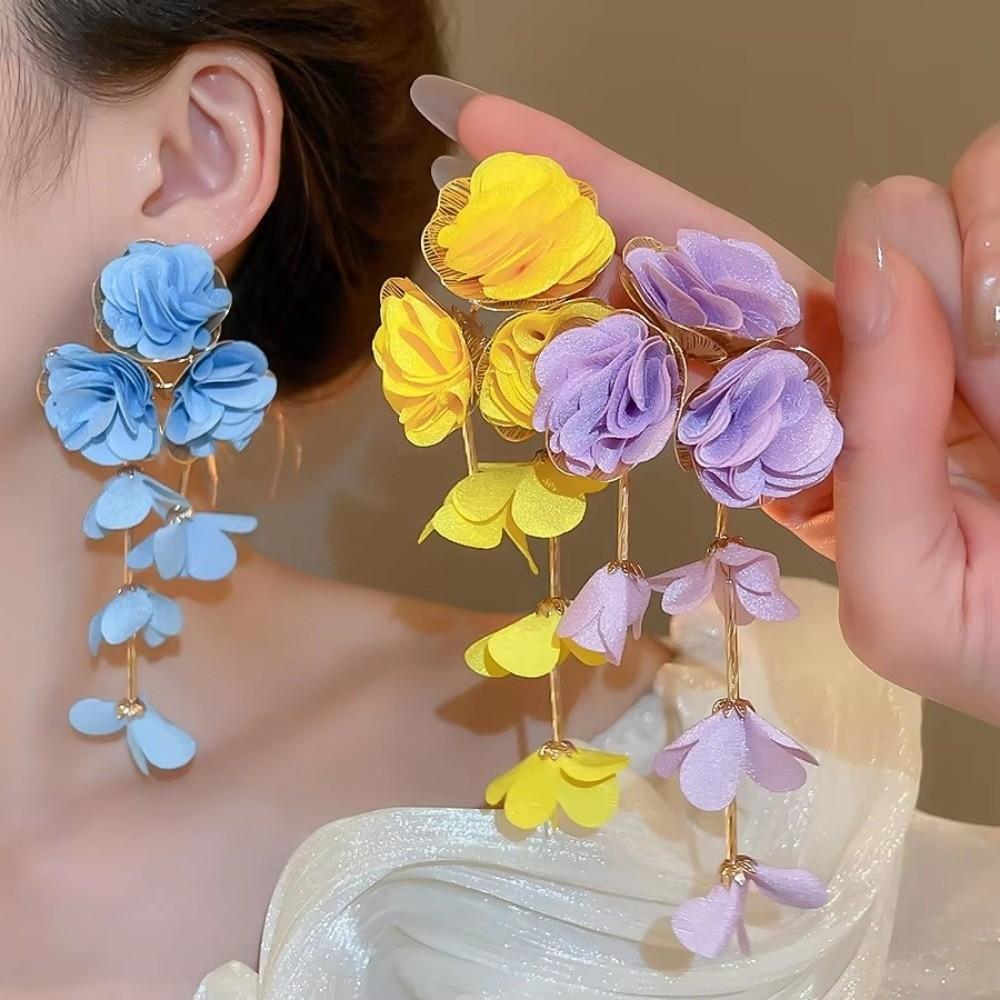 Серьги с цветами из шифона и кисточками, разноцветные, женские, милые, длинные, свисающие, серьги-гвоздики, украшения для ушей