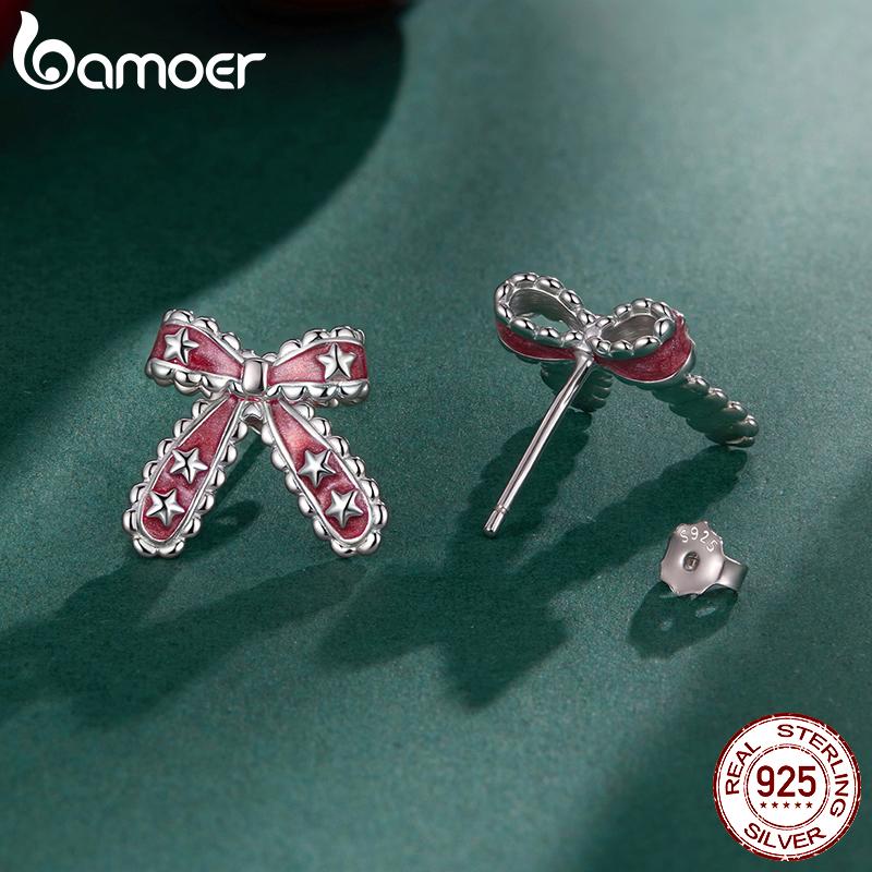 BAMOER 925 Sterling Silver Christmas Bow Stud Earrings Enamel Stars Piercing Earrings Sweet Jewelry for Women Teen Xmas Gift