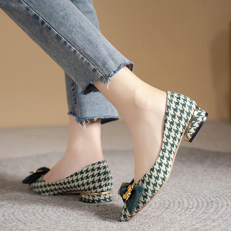 Shoes for Women New Slip On Women's Flats Autumn Pointed Toe Mixed Colors Houndstooth Butterfly-knot Shallow Mouth Shoes