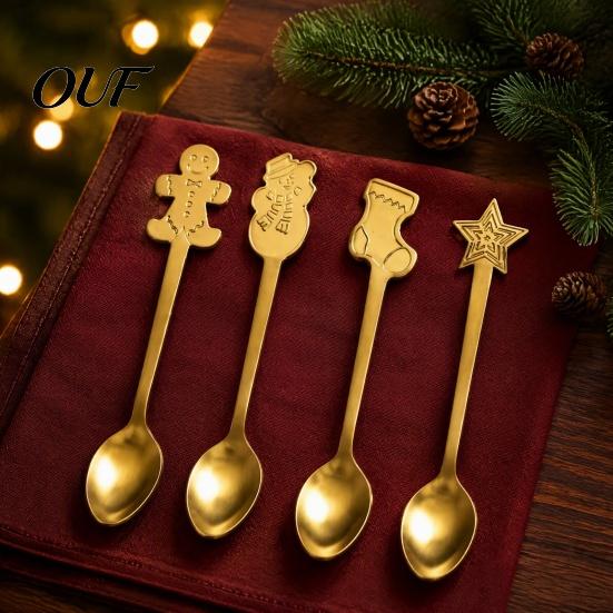 Christmas Tree Decor Spoons 4Pcs Stainless Steel Set, Gingerbread Man Coffee Cute Tableware Stirring Teaspoons, Dessert Spoon Spoon, Festive