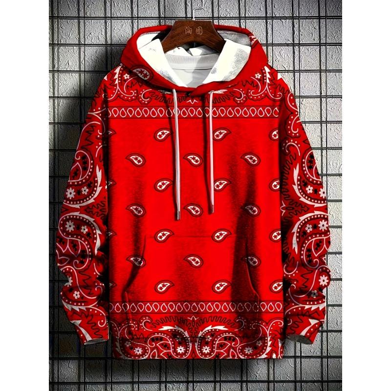Shaofanmu Men's Hooded Fashion Sweatshirt, Classic Vintage Style, Red Base with Paisley Print.