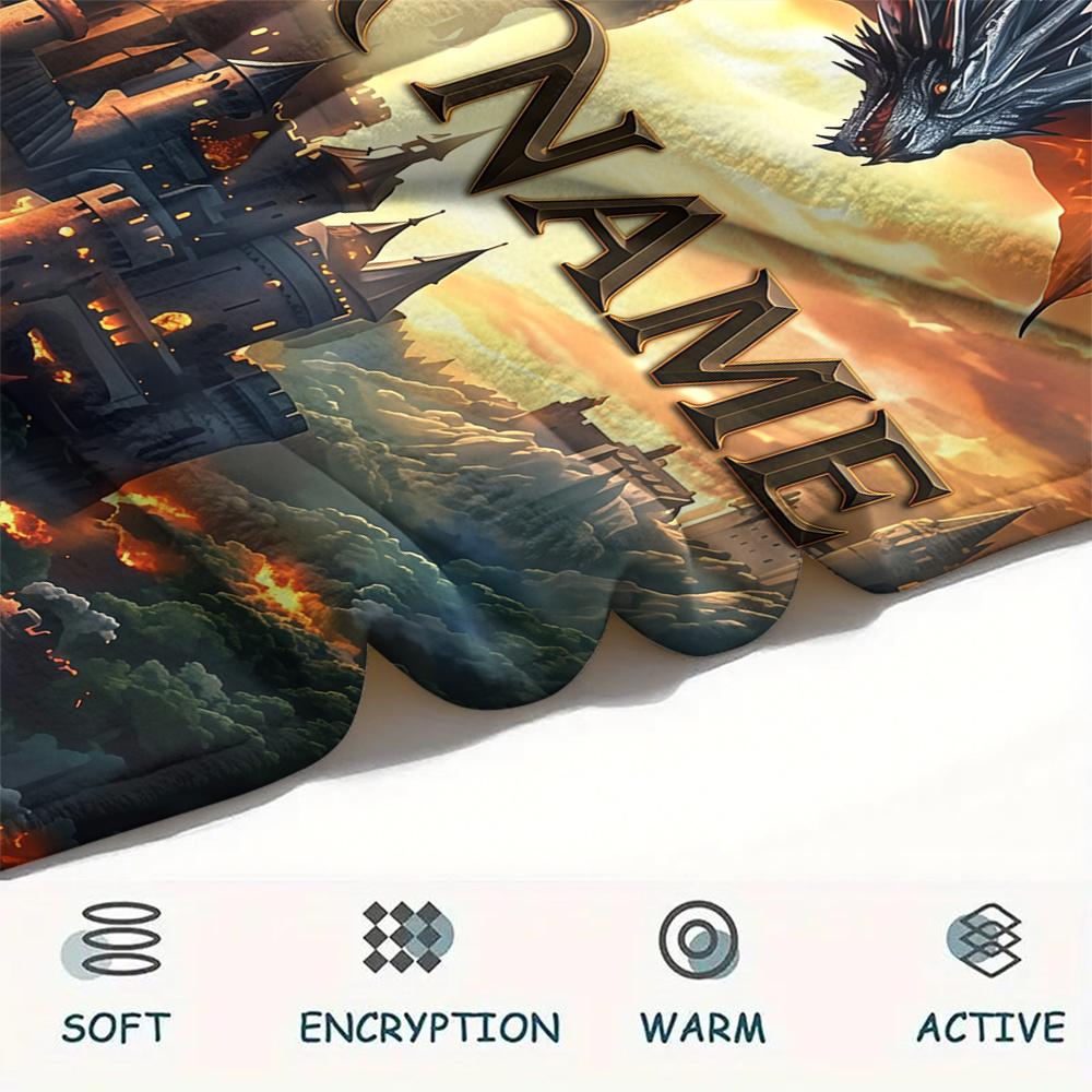 1PC Custom Name Dragon Castle Burn Patterned Flannel Blanket Suitable For All Seasons for Home Decor Warmth and Comfort Gifts Holiday Present_lx