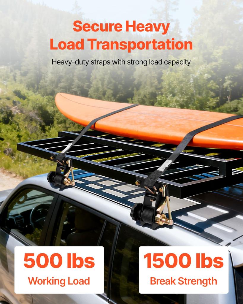 VEVOR Ladder Rack Ratchet Straps, Black Square Tube Mount, 38 mm Wide x 2.25 m Long Black Ladder Rack Straps with Double J-Hooks