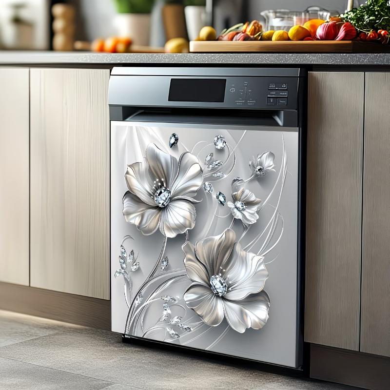 Silvery Floral Rhinestone Decal Sticker Self Adhesive Kitchen Fridge Decoration Waterproof Removable Home Appliance Decor