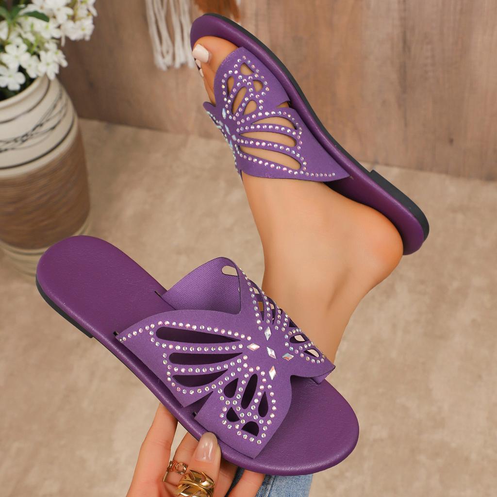 Fashion Women Slippers Rhinestone Butterfly Hollow Flat Shoes Ladies Fashion Beach Sandals Plus Size Solid Color Slippers Slides Women