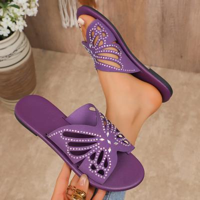 Женские тапочки со стразами, бабочкой, полые, на плоской подошве, женские пляжные сандалии большого размера, однотонные тапочки-слайды для женщин