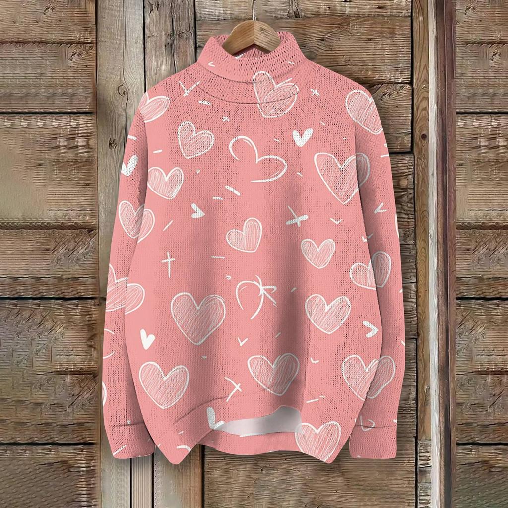Женская мода, повседневная водолазка с круглым вырезом и длинными рукавами, с принтом ко Дню святого Валентина, трикотажный топ
