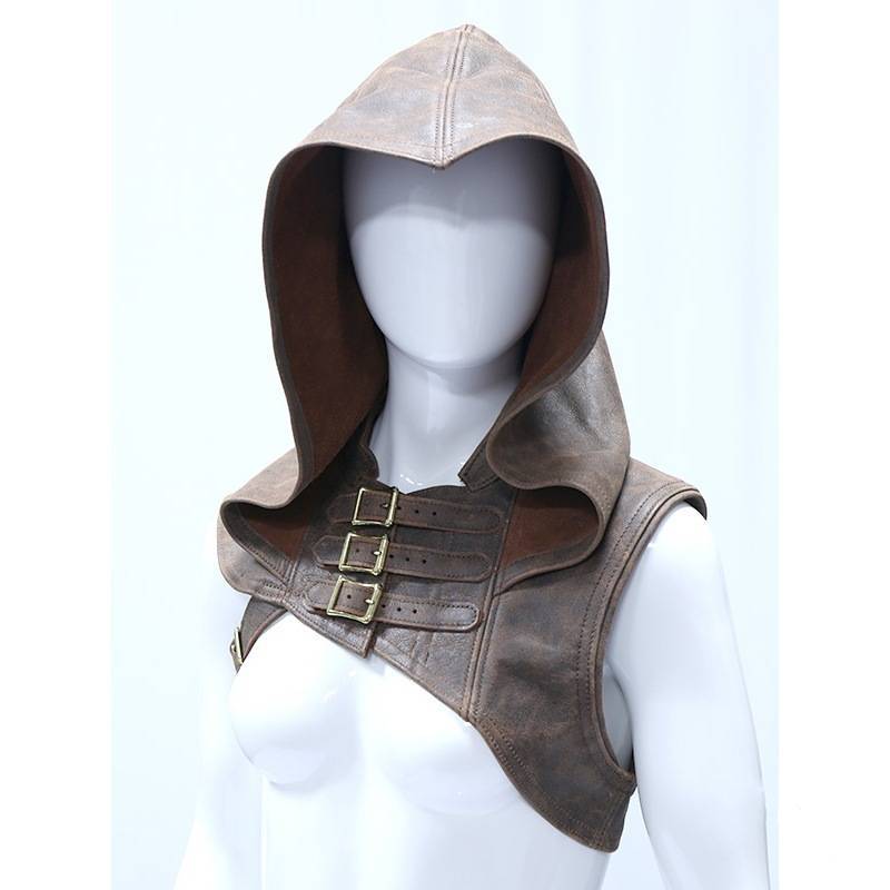 Fashion Unisex Cosplay Leather Hooded Vest Vintage Vintage Medieval Hat Solid Color Halloween Sleeveless Vests Plus Size