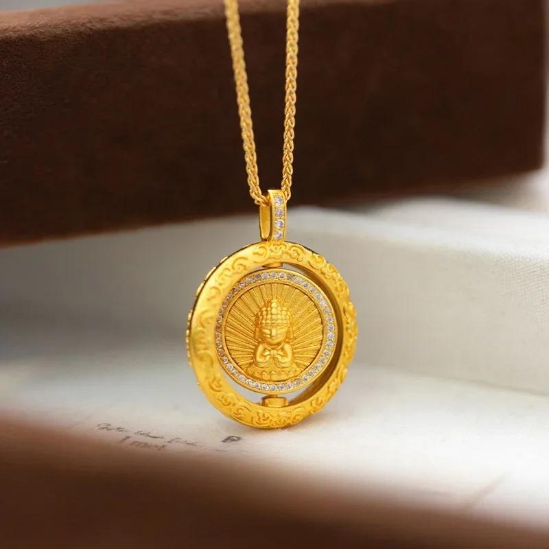 Gold Reversible Tathagata Baby Pendant | Gilt Sitting Buddha with Rotating Halo, Chiseled Lotus Pedestal