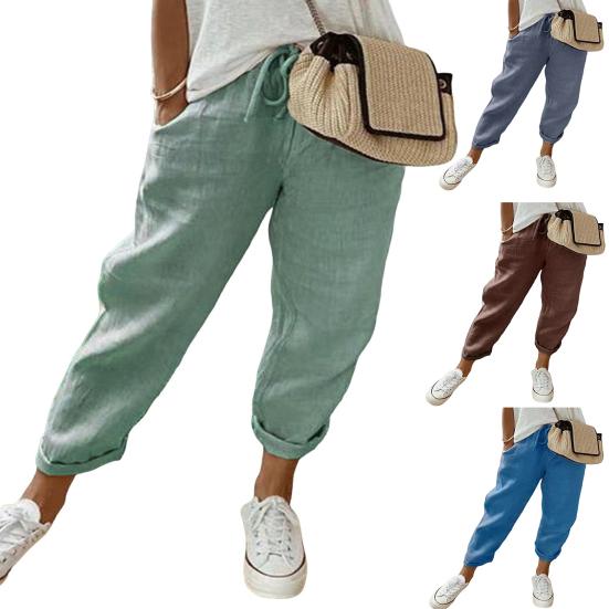Женские повседневные брюки, однотонные свободные длинные брюки, эластичный пояс, регулируемые брюки на шнурке с карманами