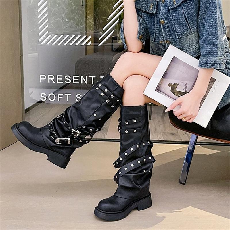 Autumn Biker Boots Fashion Women's Knight Booties Casual Rivet Ladies Short Booties Elegant Belt Buckle Platform Vintage Boots