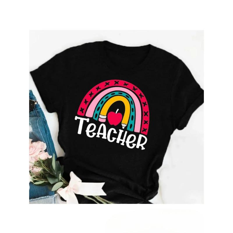Летняя мода TEACHRER День учителя Креативный буквенный принт Повседневные свободные хлопковые футболки с круглым вырезом и короткими рукавами для женщин