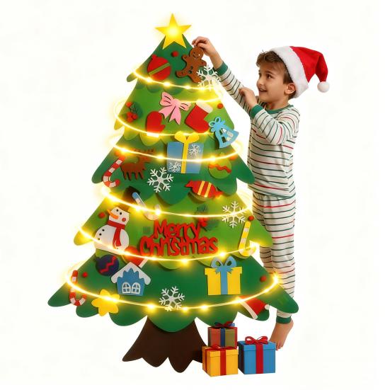 DIY Felt Christmas Tree with 5m LED Lights 3-Foot Tall Wall Hanging Decor with Detachable Ornaments Montessori Holiday Activity for Kids And Home