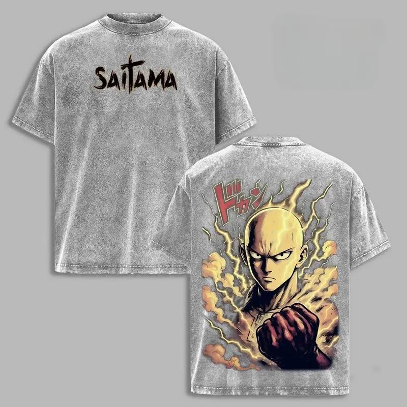 Saitama One Punch Man Anime Clothing Men Women Oversized T-shirts Short Sleeve Washed T Shirt Vintage Cotton Tshirt Harajuku Top