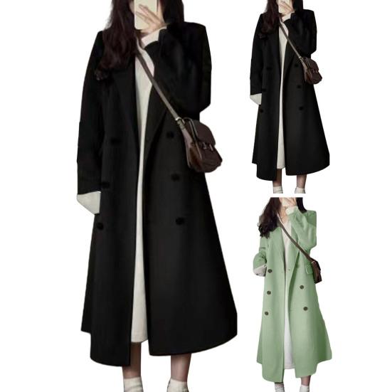 Женское осенне-зимнее длинное шерстяное пальто с лацканами и длинными рукавами, двубортная верхняя одежда с карманами, однотонное теплое женское пальто