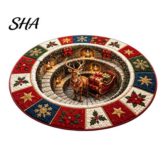 Soft Crystal Velvet Carpet Round Christmas 3D Rug, Optical Illusion Area Santa Claus Gnome Quilted-Like Comfortable Barefoot Floor Mat Anti-slip