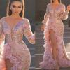 Elegant Pink Satin Evening Gown With Sequins Mesh Train Slit Long Sleeve High Waist Formal Dress Women