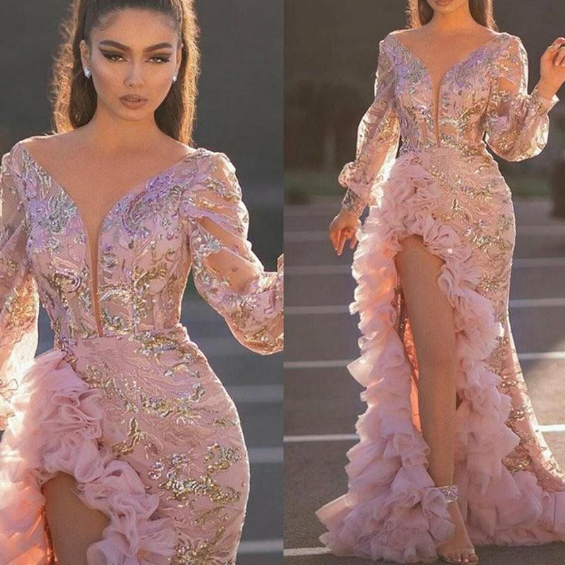 Elegant Pink Satin Evening Gown With Sequins Mesh Train Slit Long Sleeve High Waist Formal Dress Women