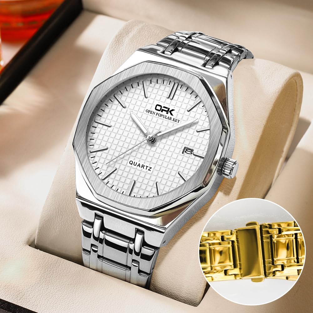 Quartz Business Watch with Luminous Round Octagonal 40mm Stainless Made in Japan Bar Water Resistant Men's Hands, Calendar, Day/Date Display, Bezel,