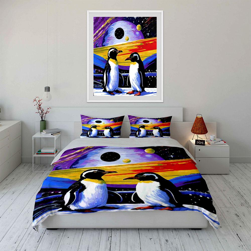 Penguins in Colorful Galaxy Bedding Duvet Cover Set Duvet Cover Pillowcases (1*Duvet Cover 2*Pillowcases, without duvet insert)