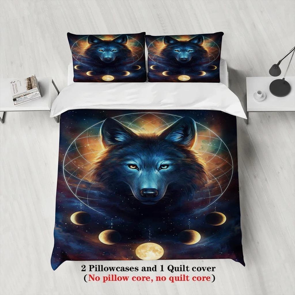3pcs Mystic Blue Wolf Moon Phase Print Duvet Cover Set – for Kids Gift 100%Polyester, Soft, Breathable for Bedroom Decoration