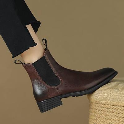 Зимние ботинки челси из коровьей кожи с круглым носком на толстом низком каблуке, женские ботильоны в стиле ретро