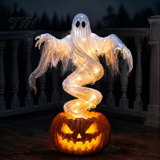 Outdoor Halloween Decorations Swirling Ghost Pumpkin Yard Lamp, Lighted Spooky Fall Season Decor Statue, Warm LED Decoration for Porch Garden