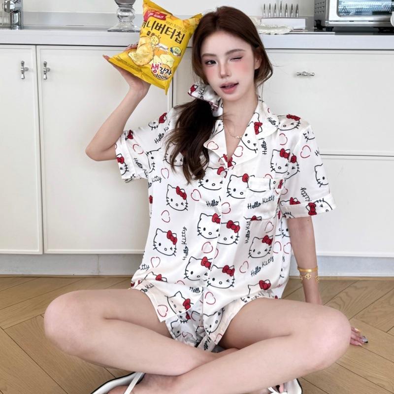 1011 cute style loungewear suit women's spring and summer high-end two-piece set short-sleeved cardigan lapel pajamas